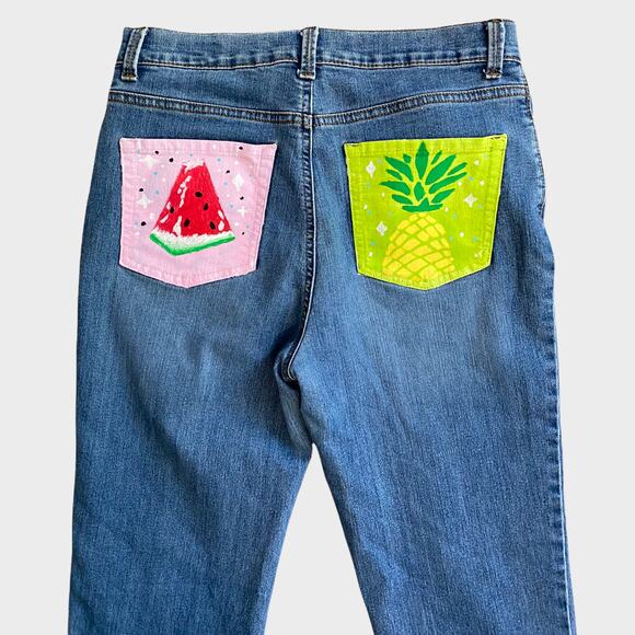 Gloria Vanderbilt Amanda Blue Denim Jeans 6 Watermelon Pineapple Pockets - Picture 1 of 15